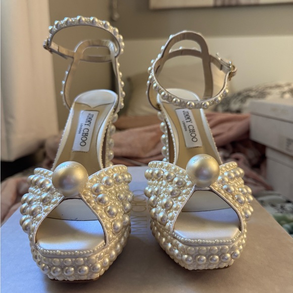 Jimmy Choo Pearl-Studded Cream Heels - Picture 1 of 5